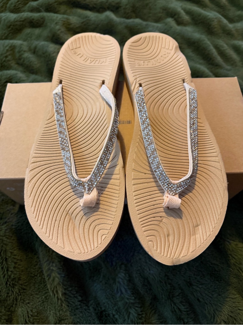 Rhinestone Embellished Beige Thong Sandals for Women